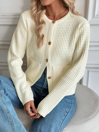 Button-Up Long Sleeve Cardigan - Off White
