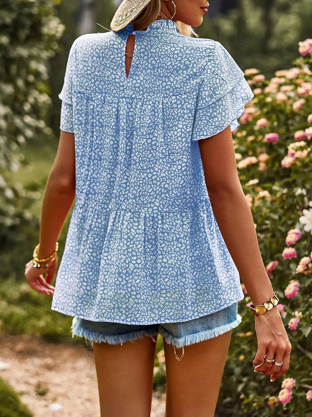 Printed Ruffle Sleeve Babydoll Blouse - Blue