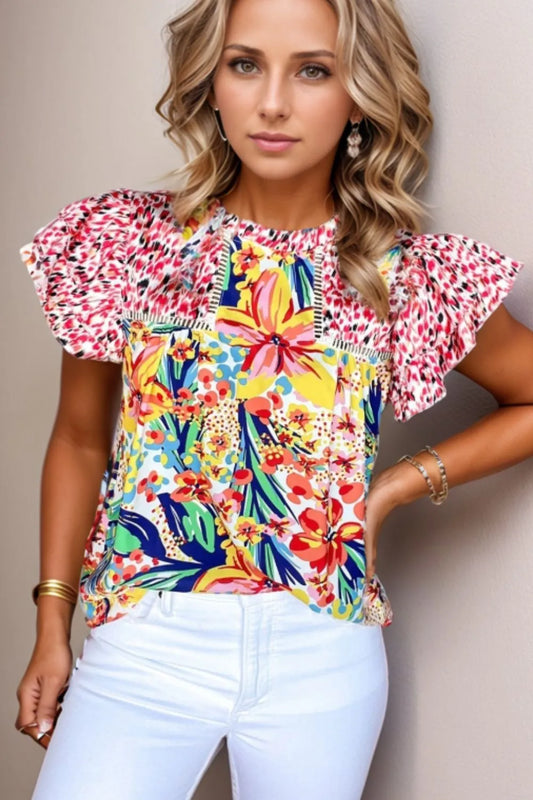Printed Round Neck Cap Sleeve Blouse - Multi