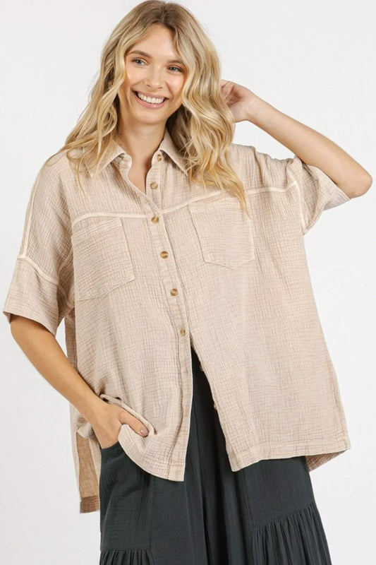 Gauze Oversized Short Sleeve Shirt - Sand
