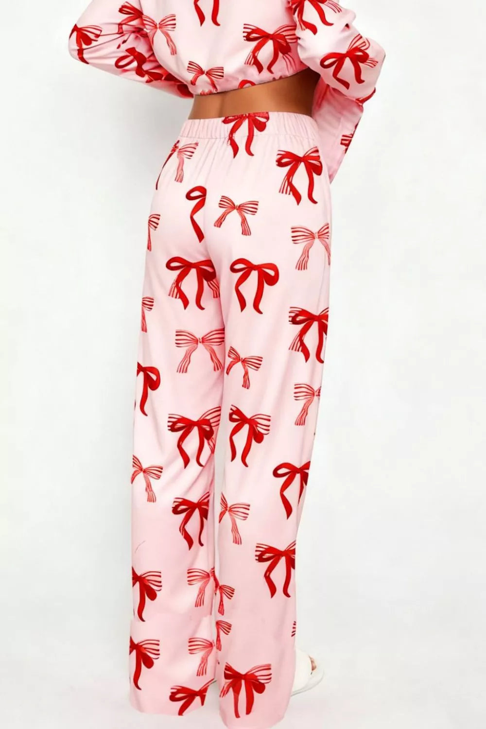 Bow Print Top and Wide Leg Pants Lounge Set -