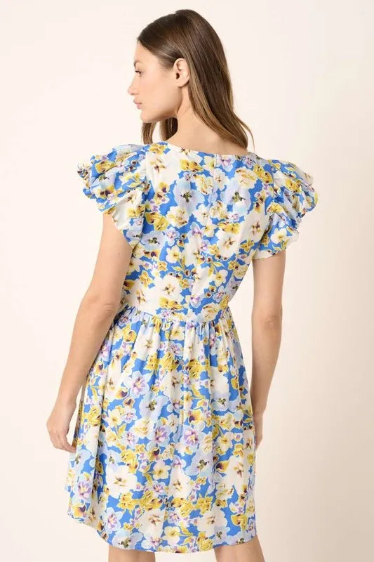 Floral V-Neck Cap Sleeve Mini Dress -