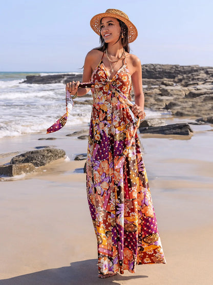 Slit Printed Halter Neck Cami Dress -