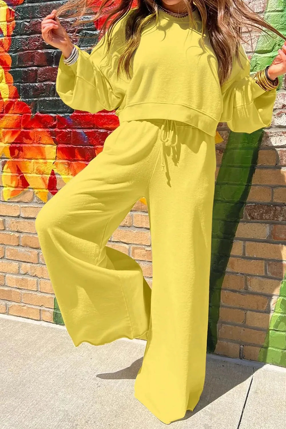 Round Neck Long Sleeve Sweatshirt and Pants Set - Yellow