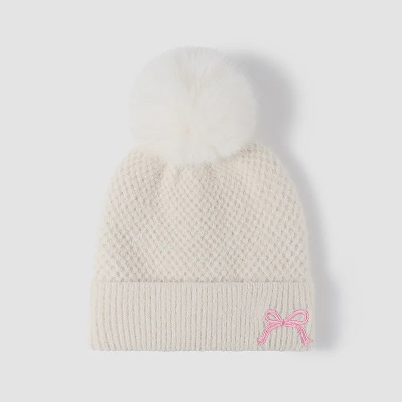 Thermal Bow Knit Hat with Pompom - White One Size