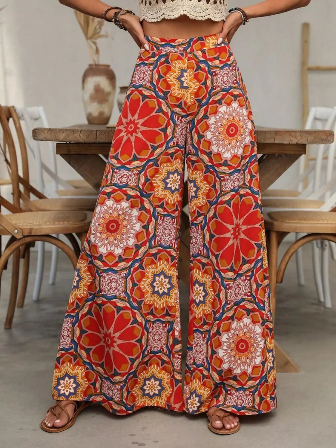 Printed Wide Leg Pants - Orange-Red