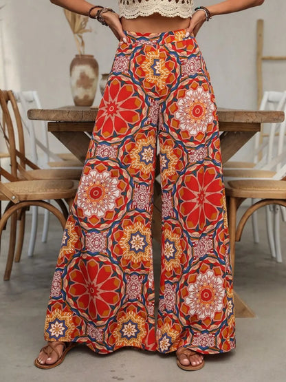 Printed Wide Leg Pants - Orange-Red