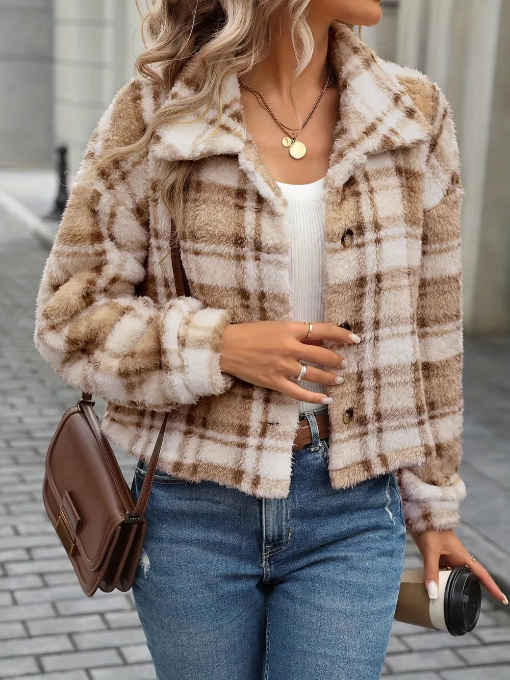 Plaid Button Up Collared Neck Jacket - Camel