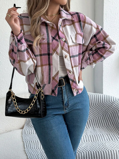Plaid Button Up Long Sleeve Jacket - Dusty Pink