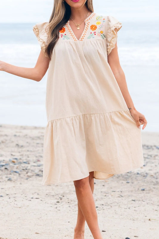 Floral Pom Pom Ruffle Sleeves Mini Dress - Beige
