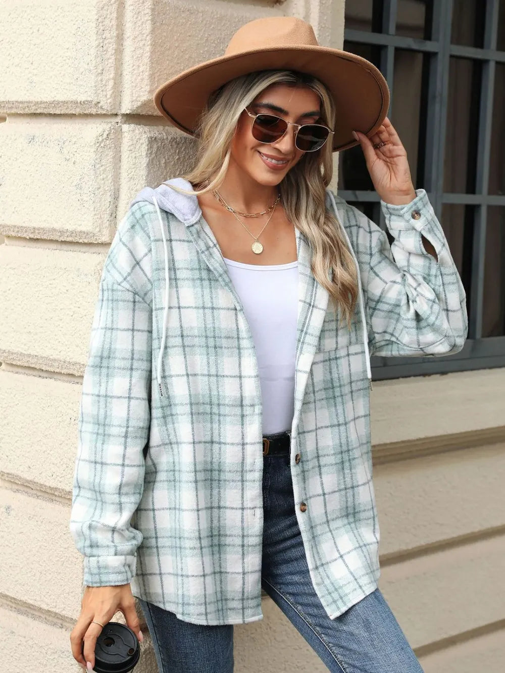 Drawstring Plaid Button Up Hooded Jacket -