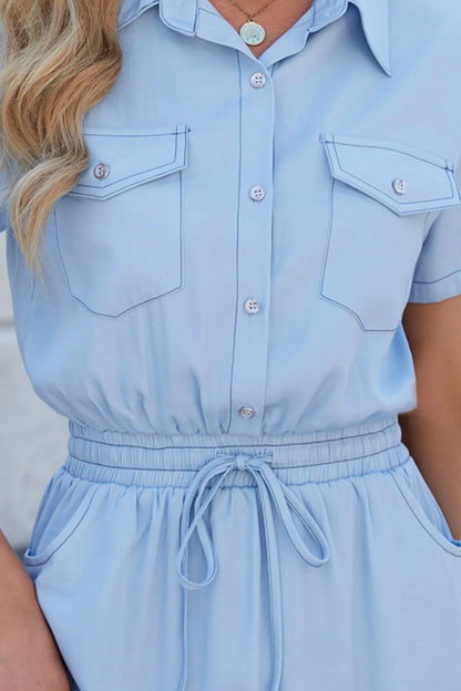 Collared Neck Short Sleeve Denim Dress -
