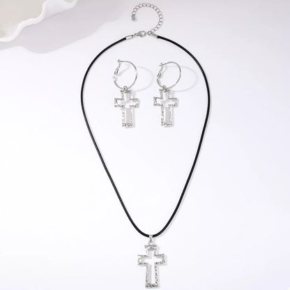 Cross Pendant Necklace and Hoop Earrings Jewelry Set -