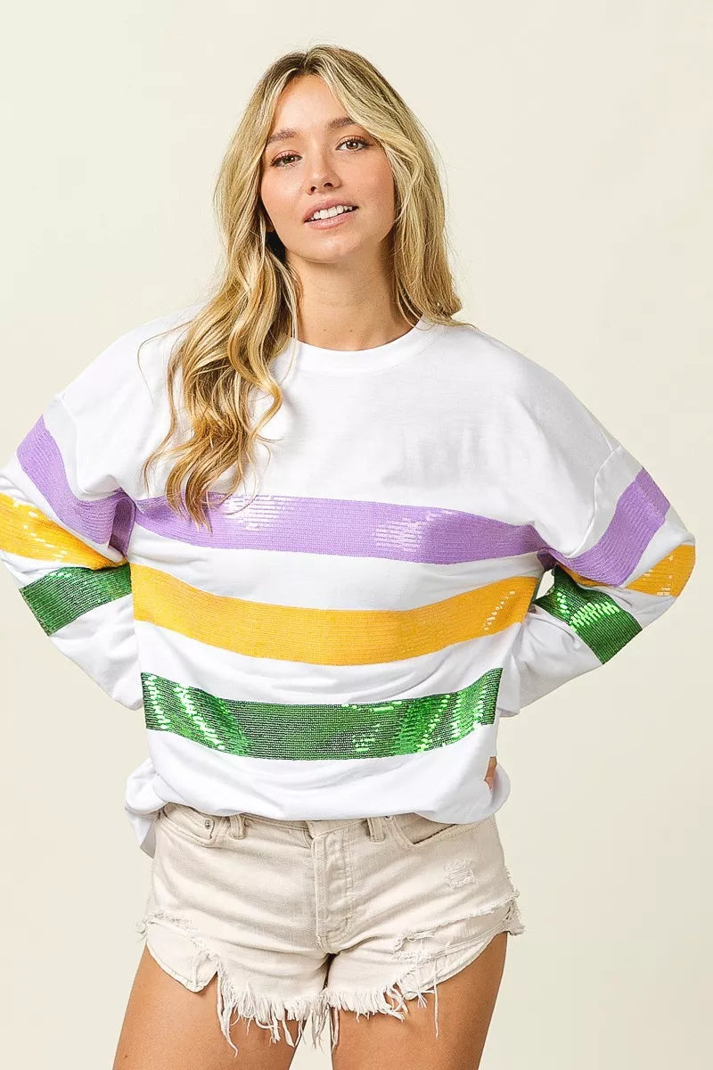Sequin Mardi Gras Striped Round Neck Sweatshirt -