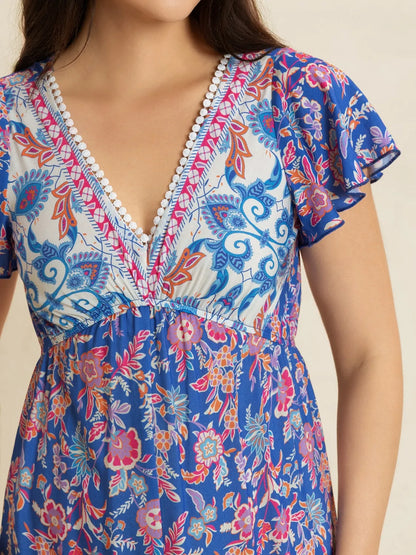 Printed V-Neck Wide Leg Jumpsuit -