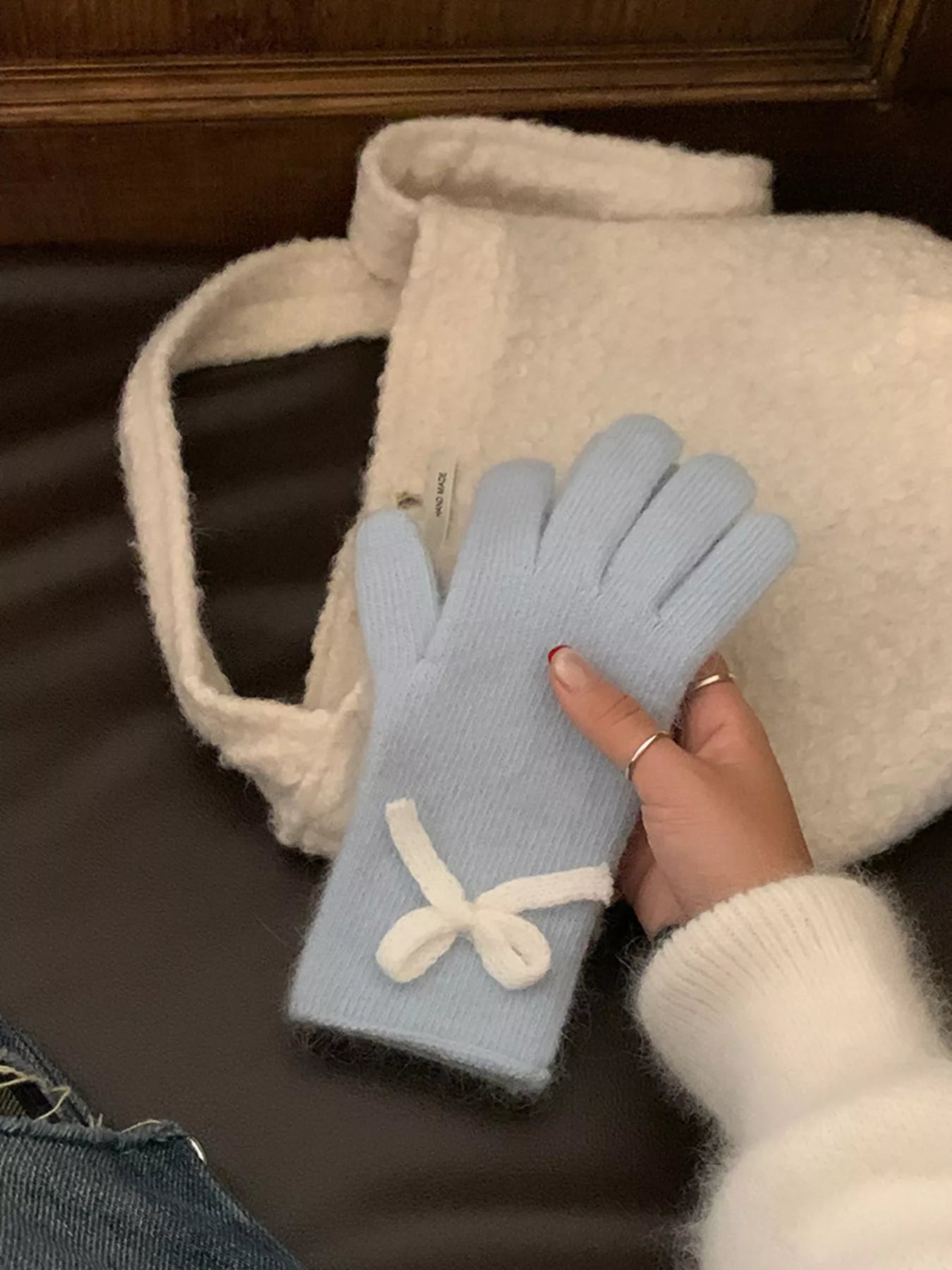 Bow-Accent Knit Gloves - Blue One Size