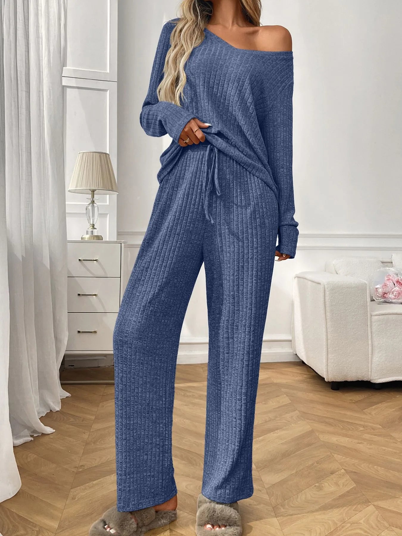 Ribbed Long Sleeve Top and Pants Lounge Set -