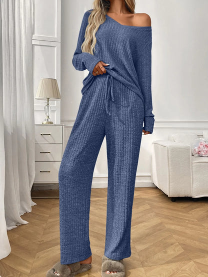 Ribbed Long Sleeve Top and Pants Lounge Set -