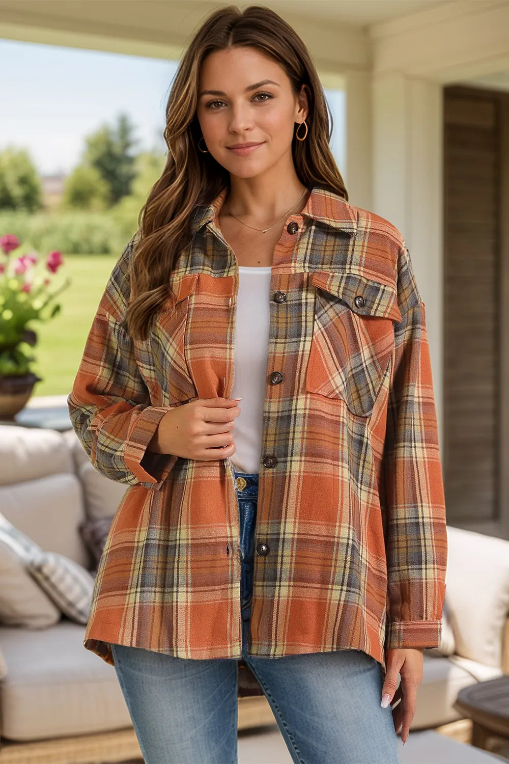 Plaid Collared Neck Long Sleeve Shirt - Caramel