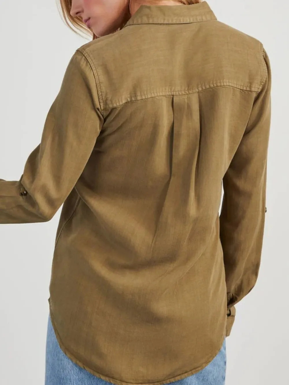 Collared Neck Roll-Tab Sleeve Denim Top -