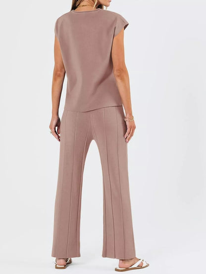 Casual Cap Sleeve Top and Pants Knit Set -