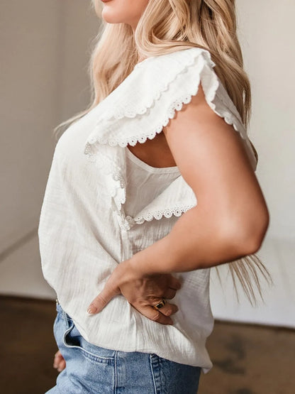 Crinkled Layered Ruffled Flutter Sleeve Blouse -