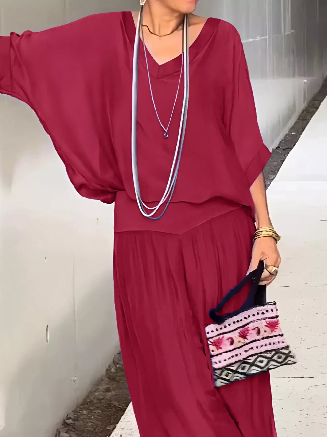 V-Neck Top and Wide Leg Pants Two-Piece Set -