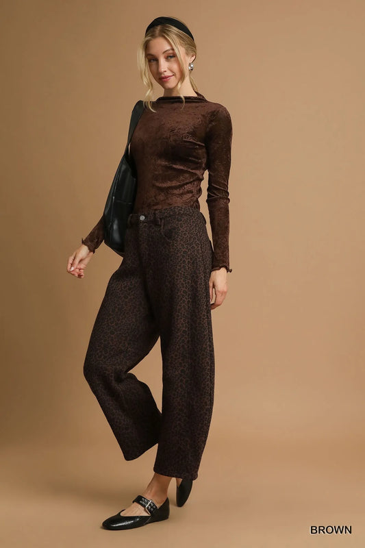 Leopard Print Wide Leg Pants - Brown