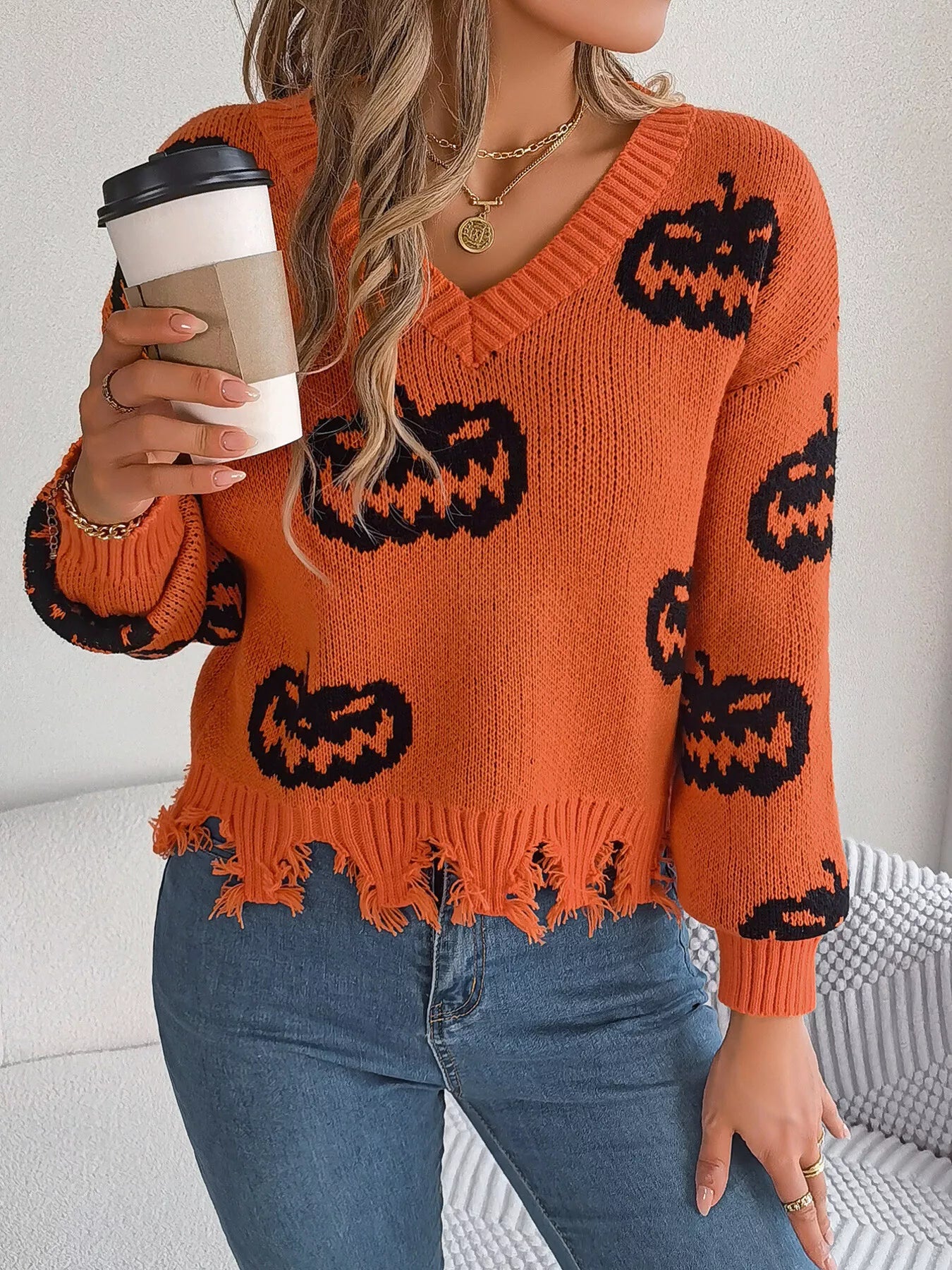 Pumpkin Pattern Raw Hem V-Neck Sweater - Orange