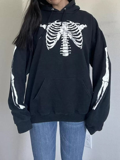 Drawstring Skeleton Long Sleeve Hoodie - Black