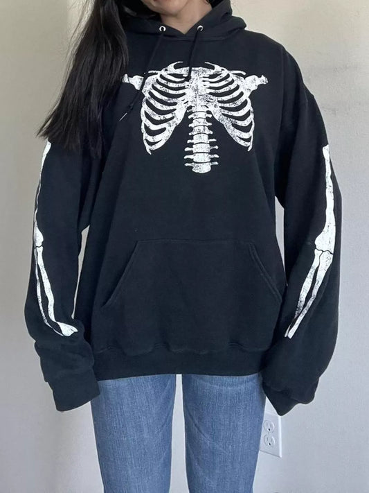 Drawstring Skeleton Long Sleeve Hoodie - Black