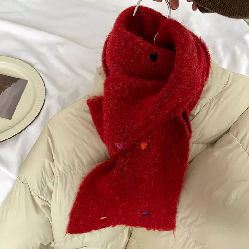 Heart-Embellished Fuzzy Knit Scarf - Red One Size