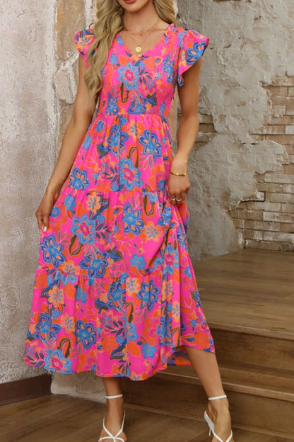 Boho Floral V-Neck Ruffle Tiered Dress -