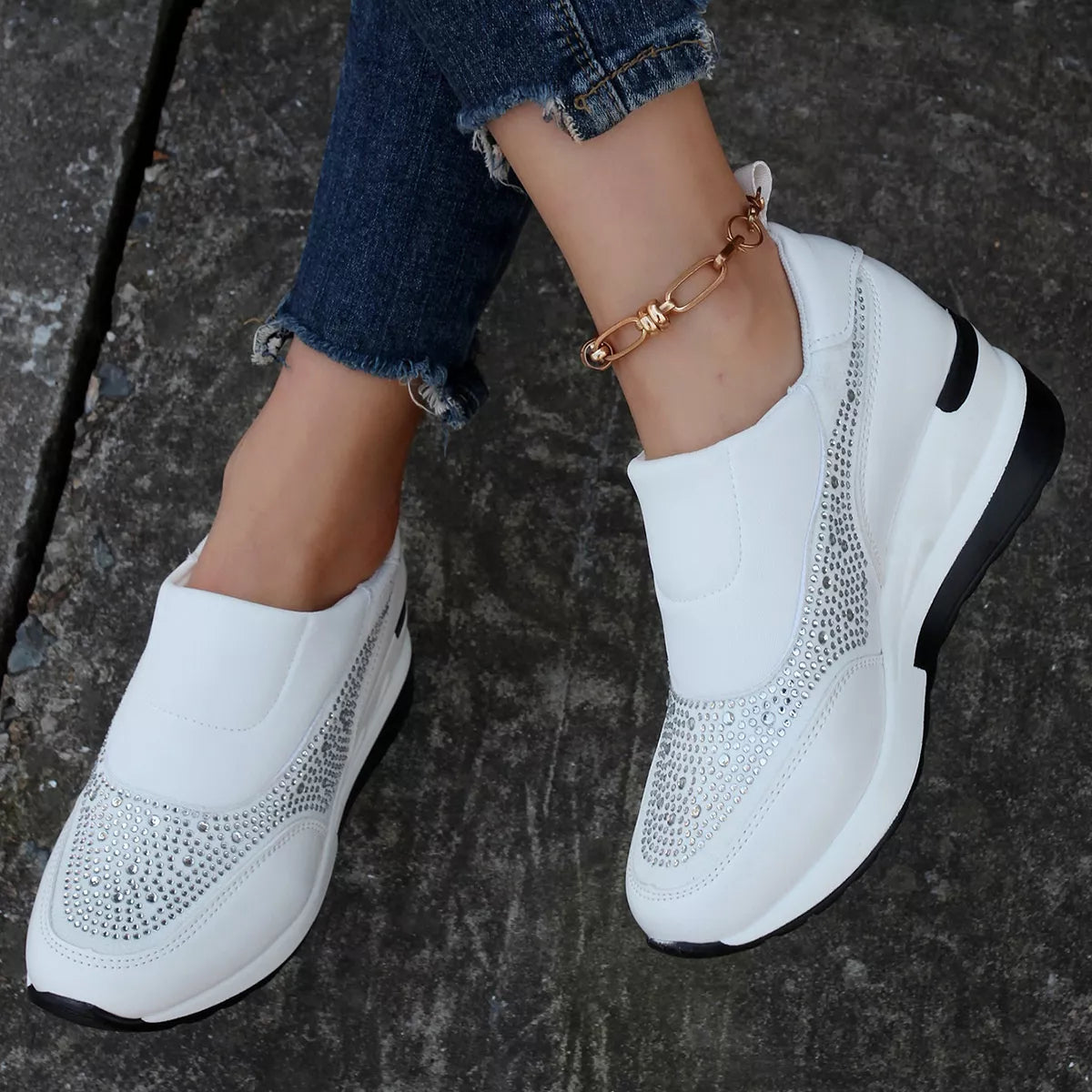 Rhinestone Embellished Wedge Sneakers - White