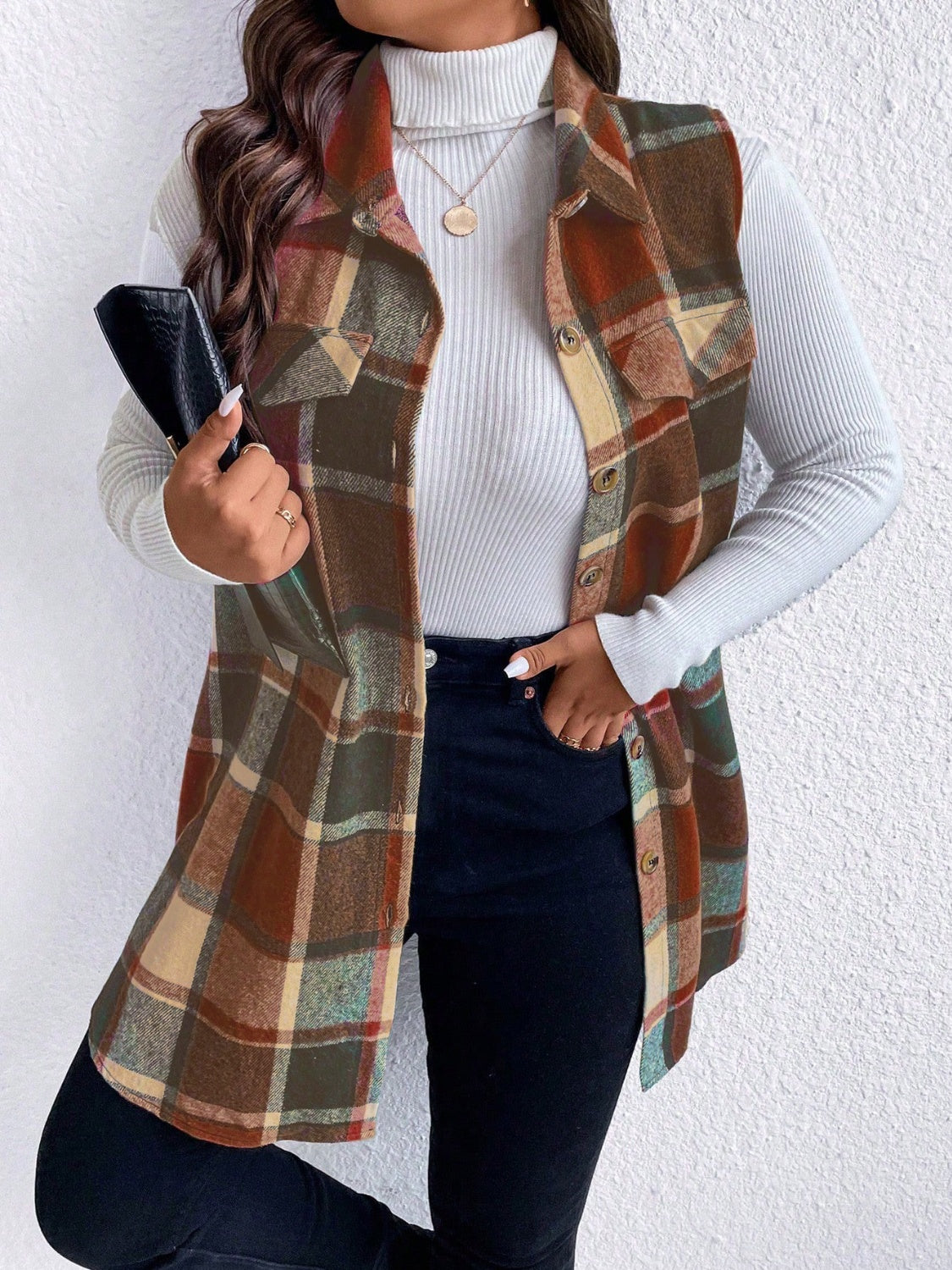 Plus Size Pocketed Plaid Button Up Vest Coat - Brown