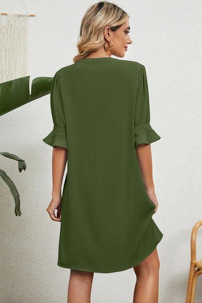 Notched Flounce Sleeve Mini Dress - Moss