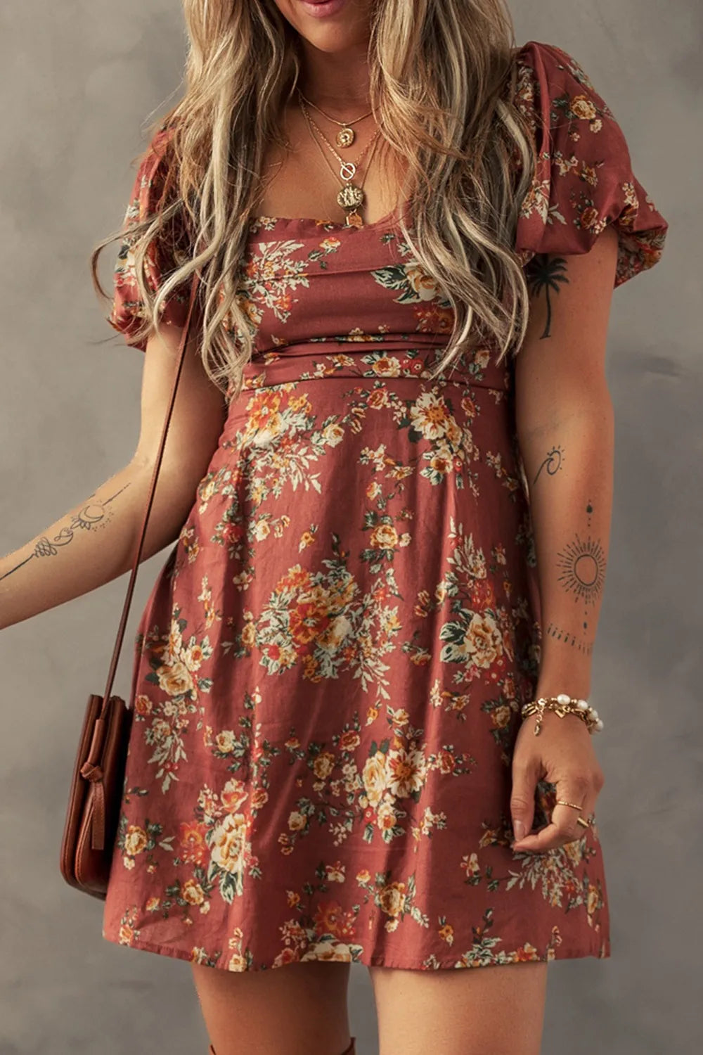 Floral Puff Sleeve Knot Open Back Mini Dress -