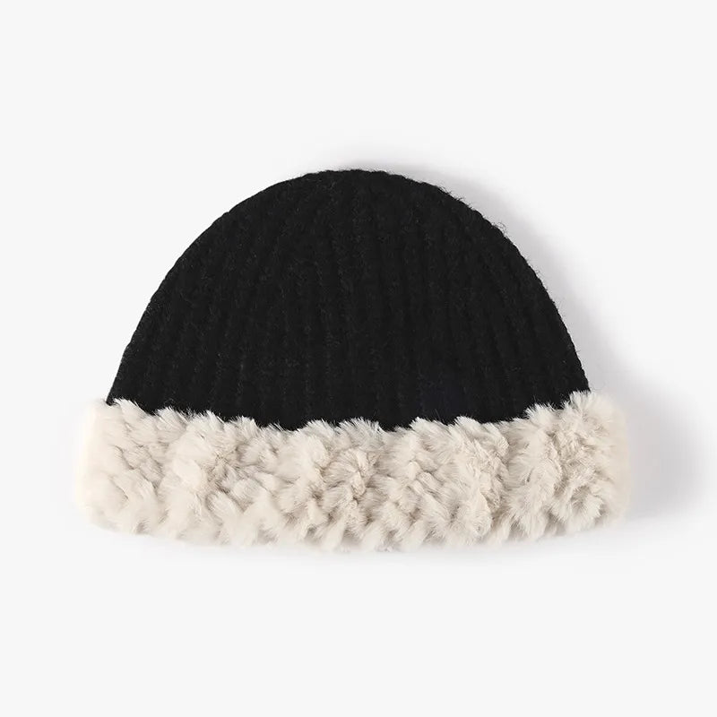Fuzzy Hem Knit Hat - Black One Size