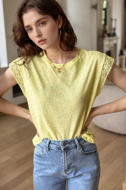 Lace Patchwork Cap Sleeve T-Shirt - Light Yellow