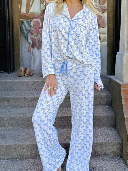 Bow Print Long Sleeve Shirt and Pants Pajama Set - Light Blue