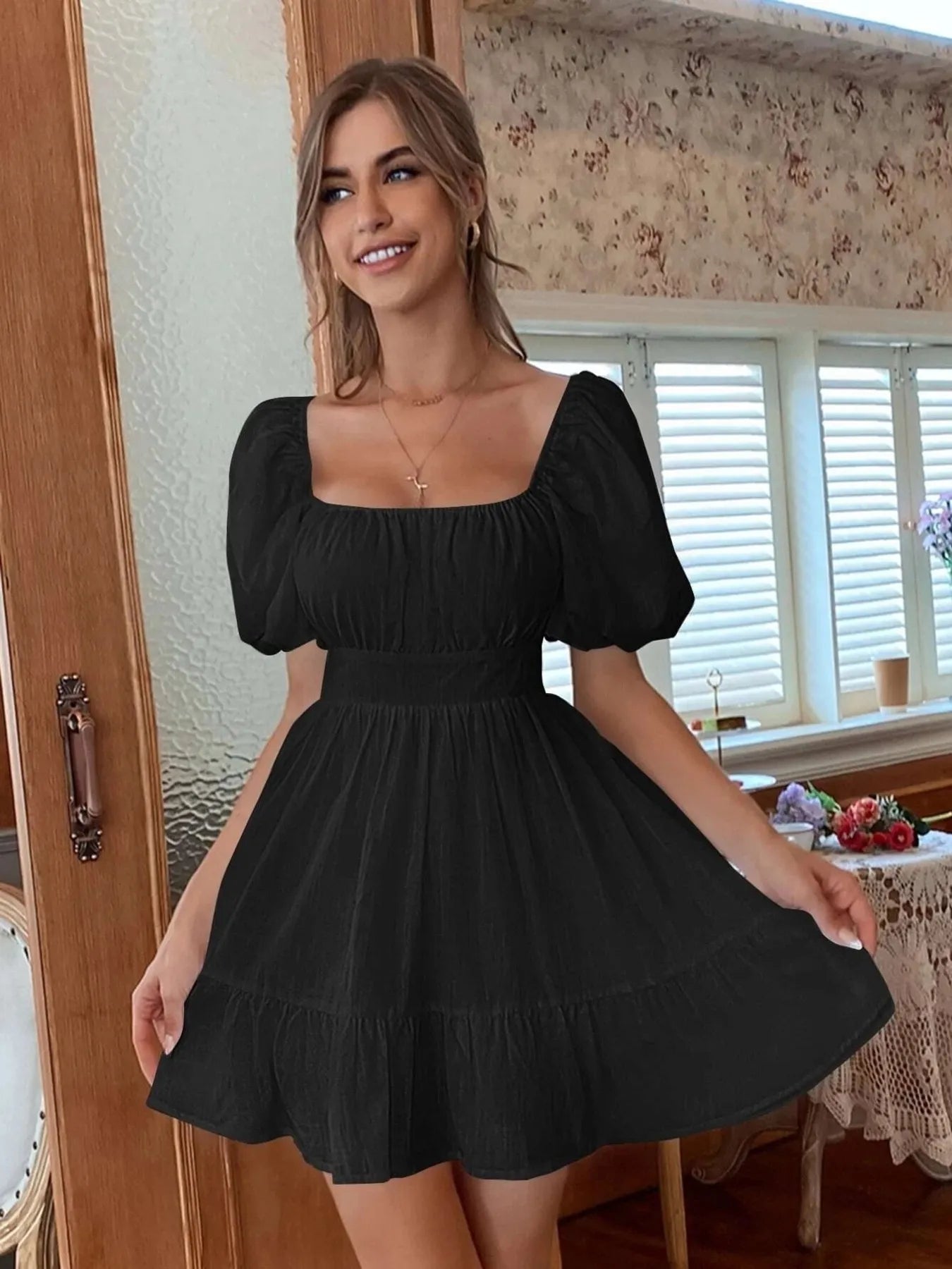 Square Neck Puff Sleeve Mini Dress -