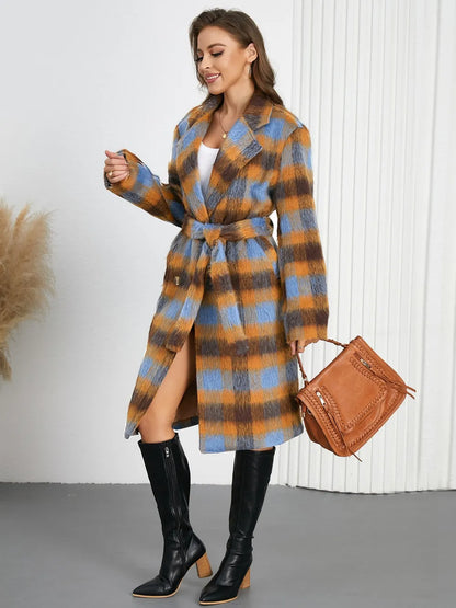 Tied Plaid Collared Neck Coat - Light Blue