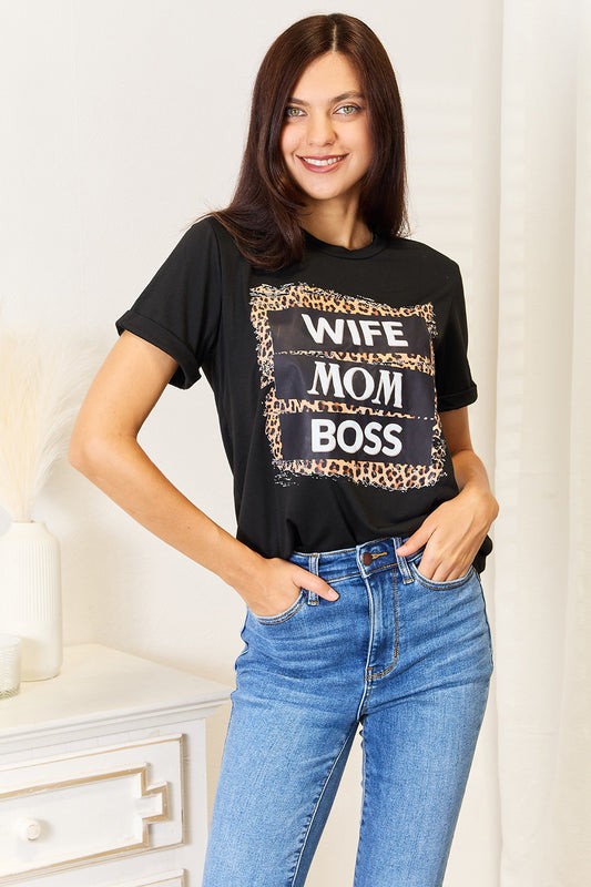 WIFE MOM BOSS Leopard Graphic T-Shirt - Black