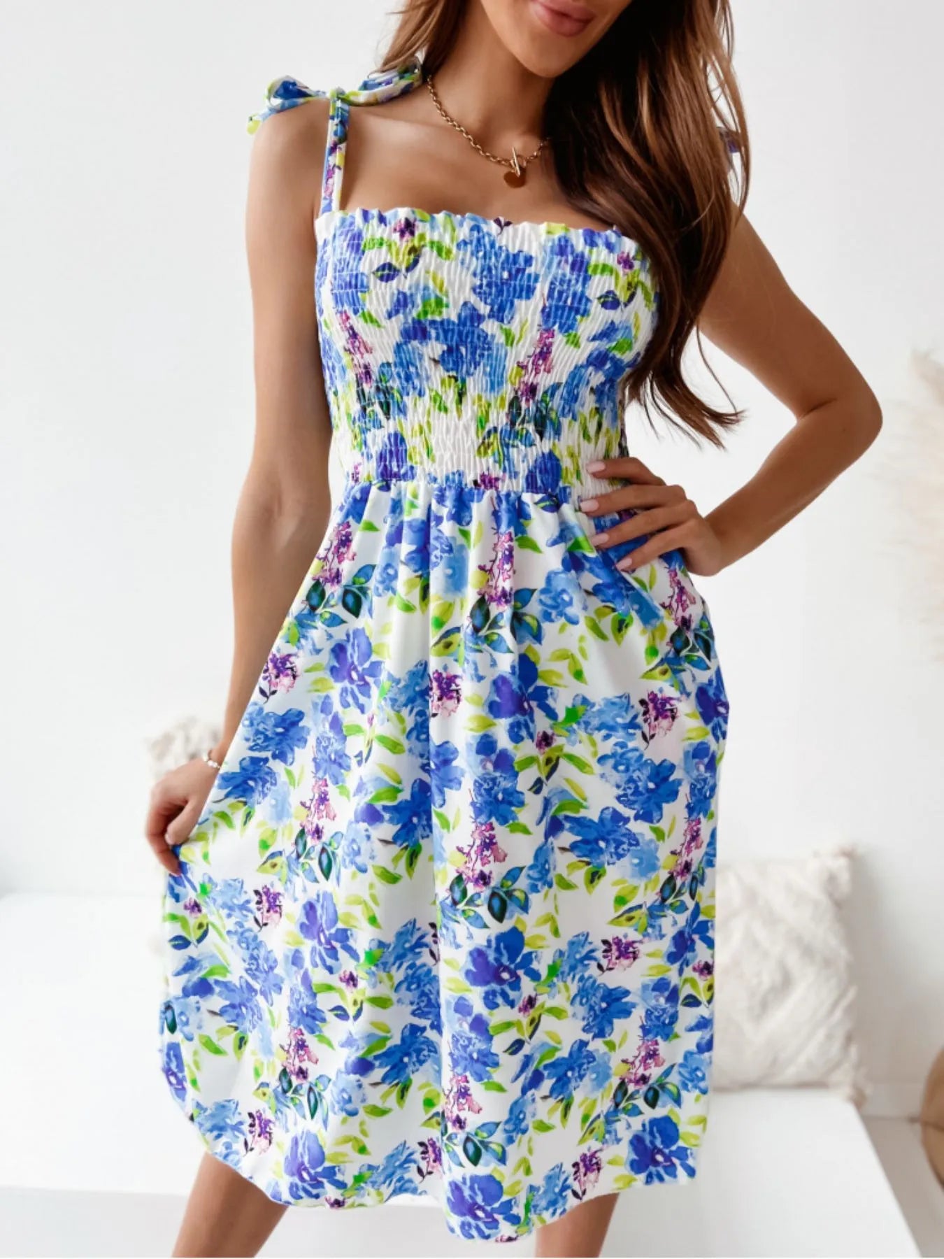 Floral Bodice Tie Shoulder Summer Dress - Blue