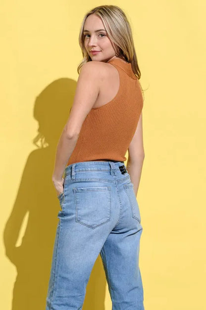 Rib Cross Halter Neck Tank Top - Camel