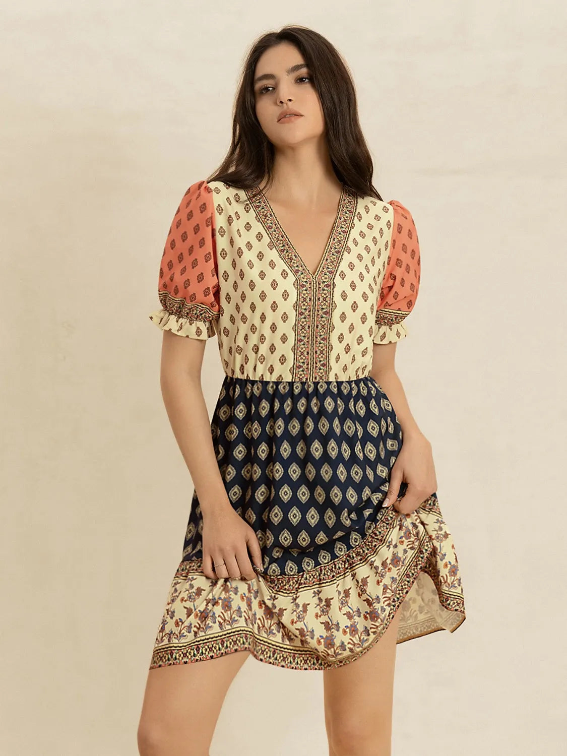 Printed V-Neck Short Sleeve Dress -