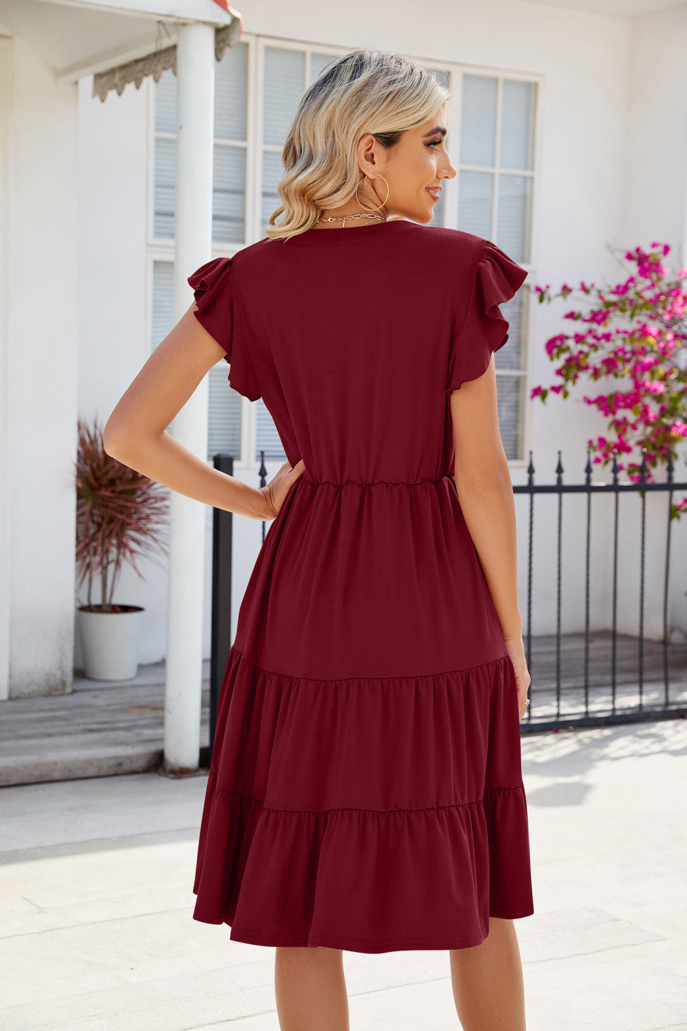 Ruched Notched Cap Sleeve Dress | AdoreStarr