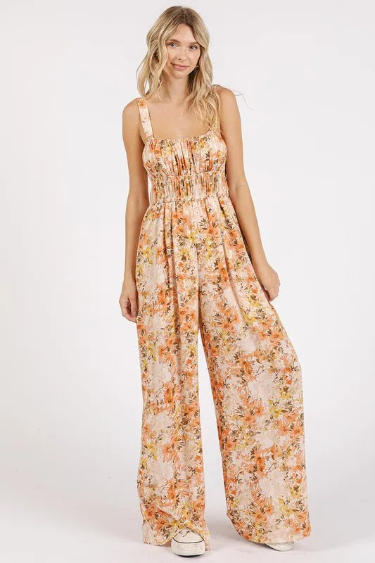 Flower Print Gathered Bust Sleeveless Jumpsuit - Ginger