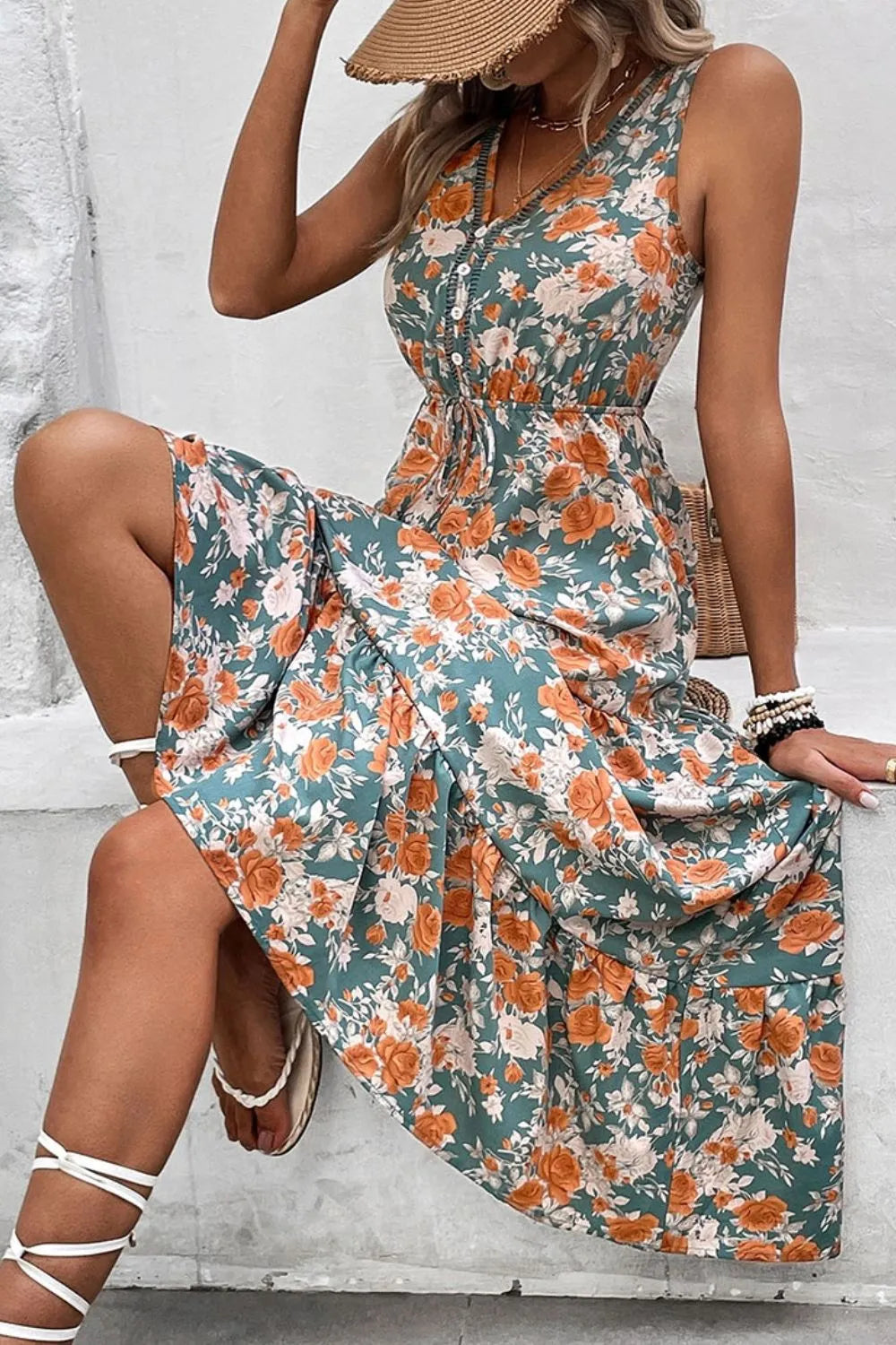 Floral Print Trimmed V-Neck Tie Waist Dress -