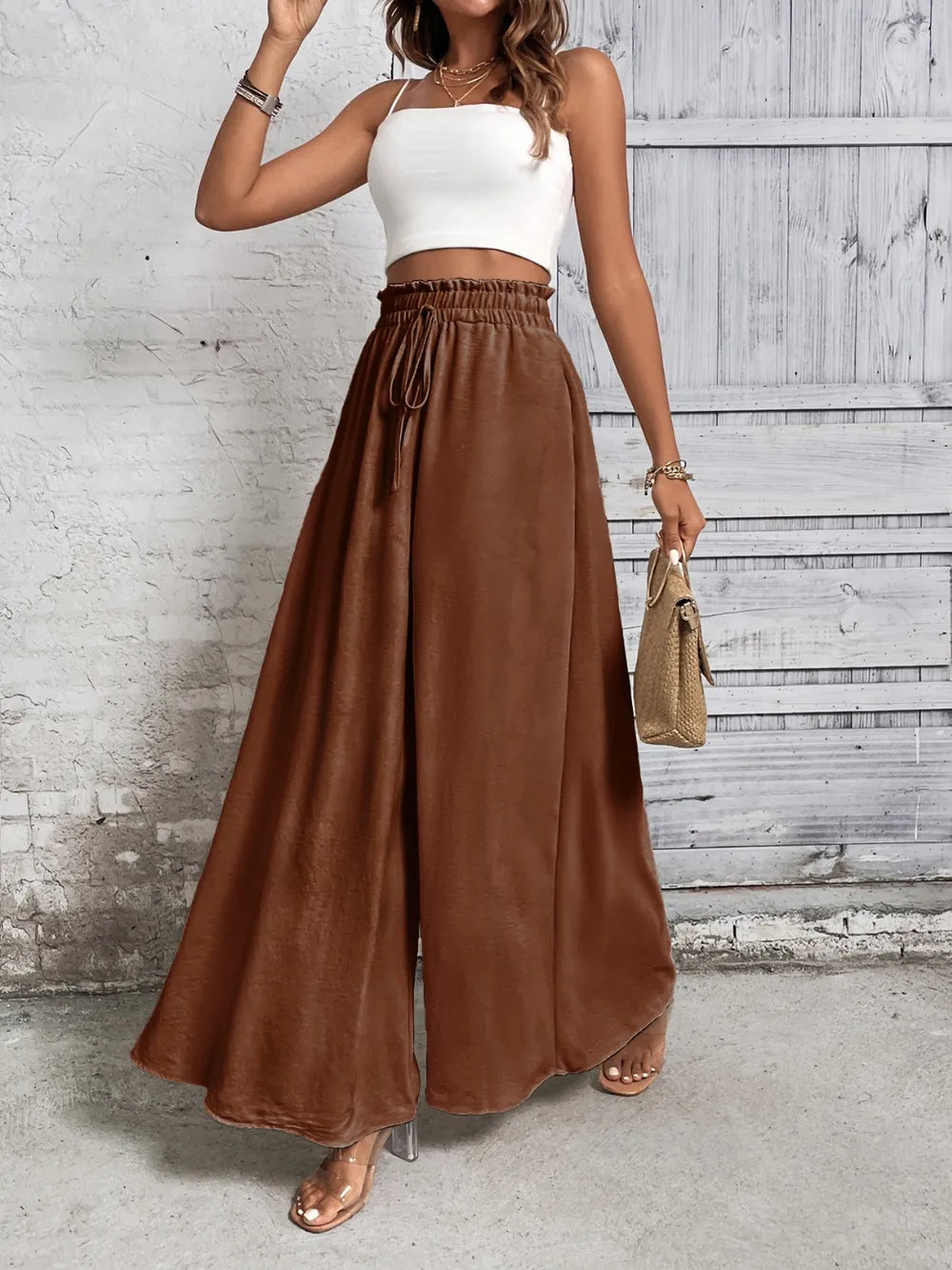 Tied High Waist Wide Leg Pants - Brown